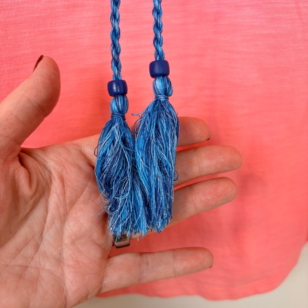 Embroidered Coral Peasant Top with Blue Tassel - Picture 5 of 8